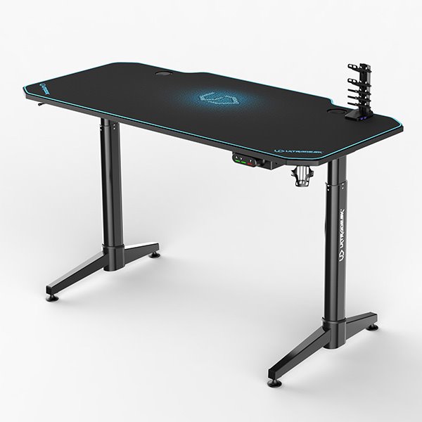 ULTRADESK Herný stôl LEVEL BLUE, 140x66cm, 72-124cm, elektricky nastaviteľná výška, s XXL podložkou pod myš