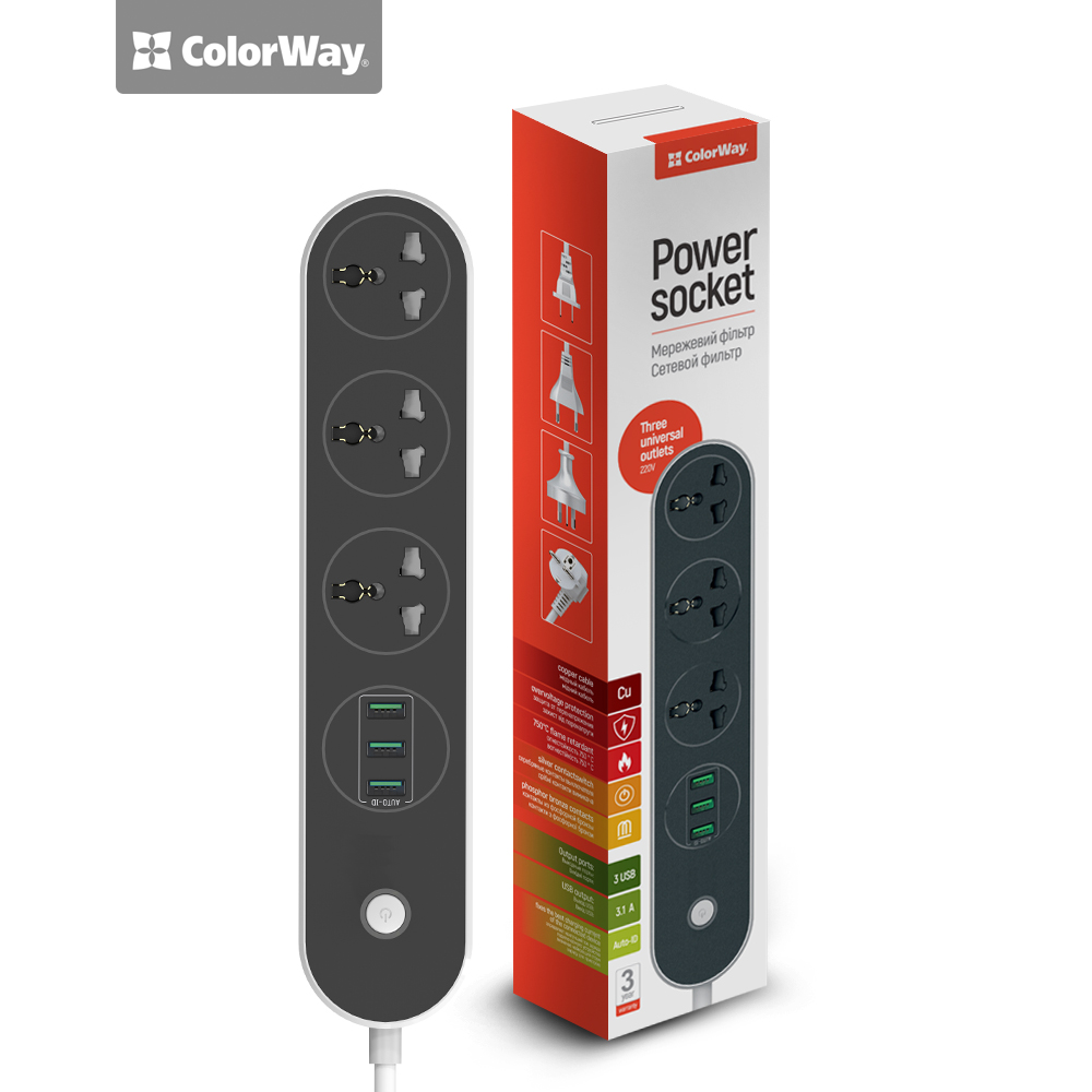 ColorWay CW-CHU33B - predlžovací kábel, 3x eurozásuvka, 3x USB, čierna, 1,8m