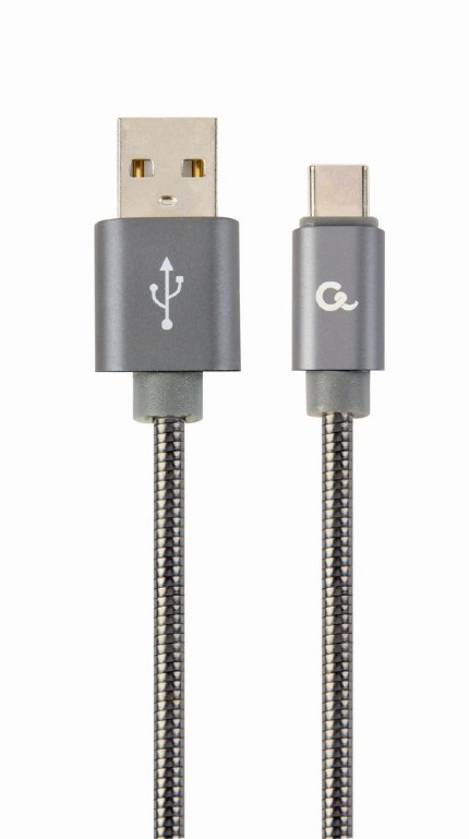 Kábel CABLEXPERT USB 2.0 AM na Type-C kábel (AM/CM), 2m, metalická spirála, šedý, blister, PREMIUM QUALITY