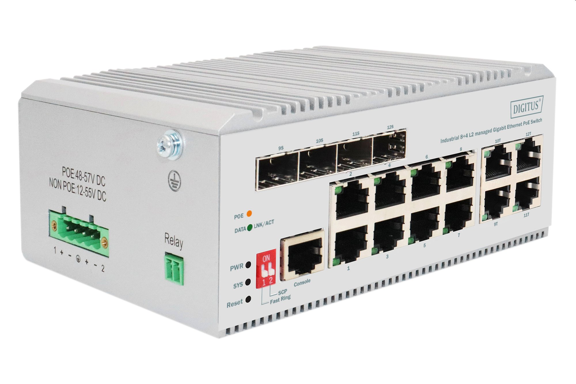 DIGITUS 8 port Gigabit Ethernet network PoE switch, industrial, L2 managed, 4 SFP uplink