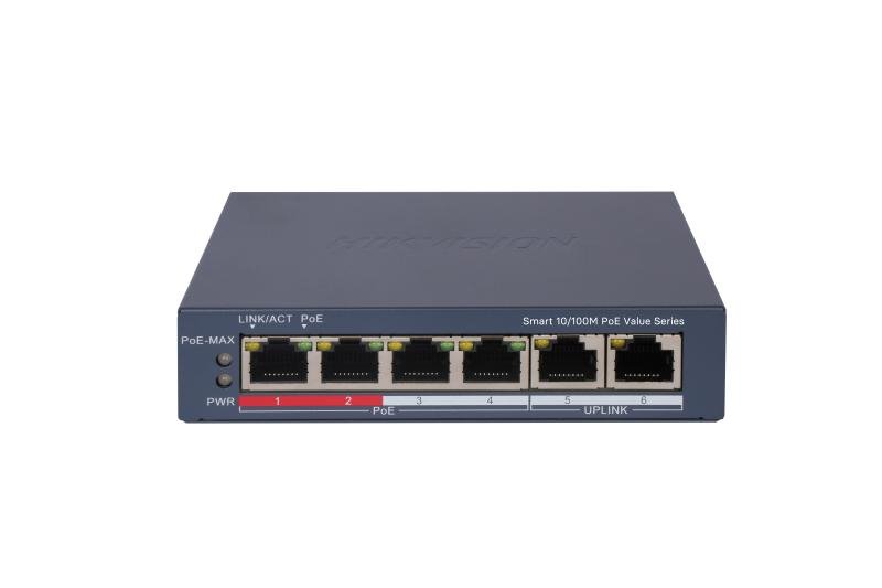 Hikvision DS-3E1106P-EI M, 4 portový Fast ethernet, Smart PoE switch