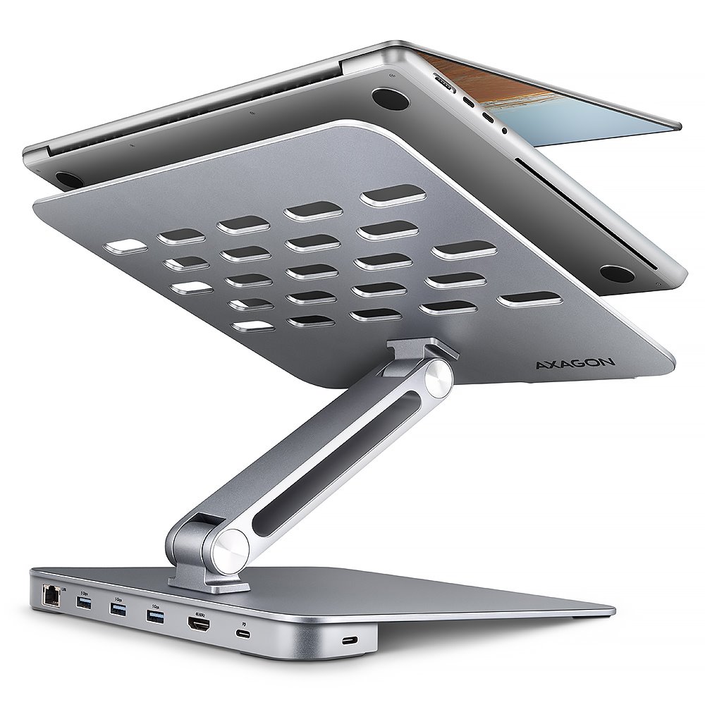 AXAGON HMC-STND, stojan pre 10"-16" notebooky, USB 5Gbps hub, 3x USB-A, HDMI 4k/60Hz, RJ-45, PD 100W, kábel USB-C 60cm