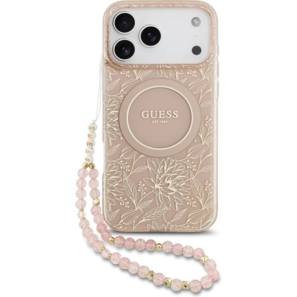 Guess IML Flowers Allover Strap MagSafe kryt iPhone 17 Pro ružový