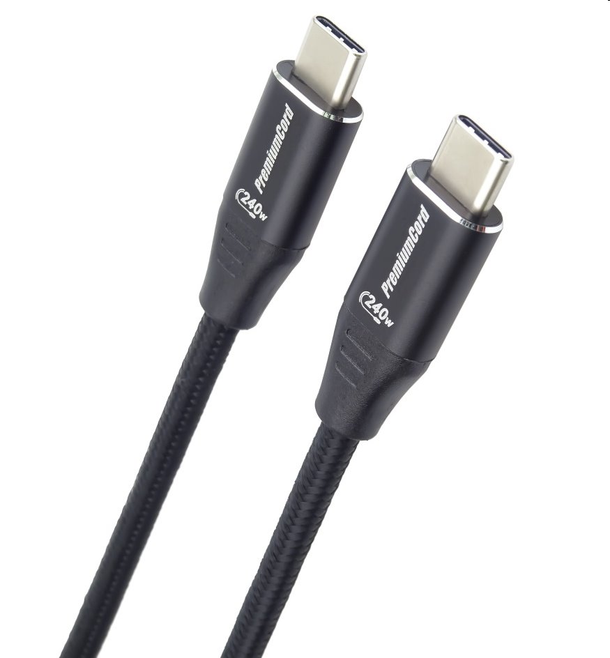 PremiumCord Kábel USB-C M/M, 5A, 240W 480Mbps cierny bavlnený oplet, 1,5m