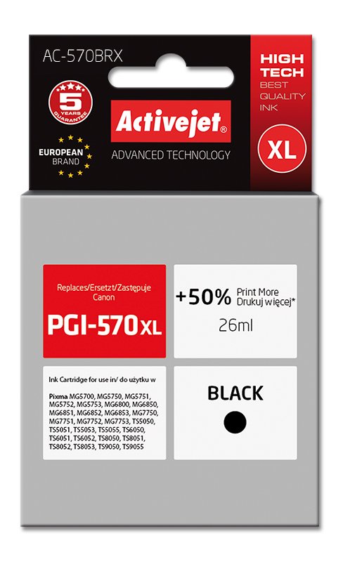 Atrament ActiveJet pre Canon PGI-570Bk XL AC-570BRX Black 26 ml 